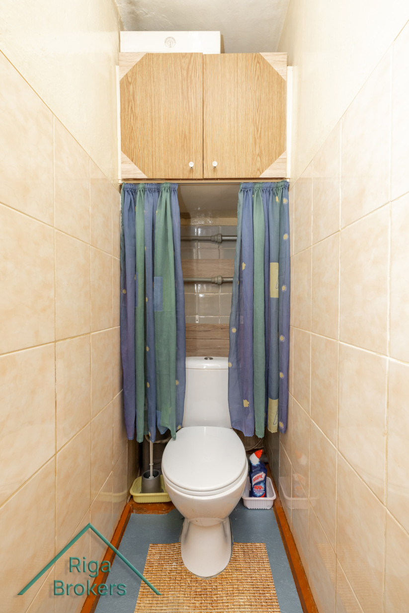 Washing room with toilet and cabinet.