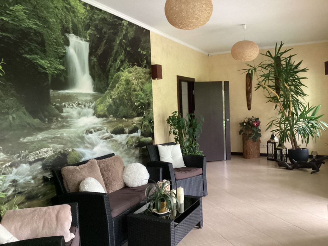  Lounge area with nature mural background.