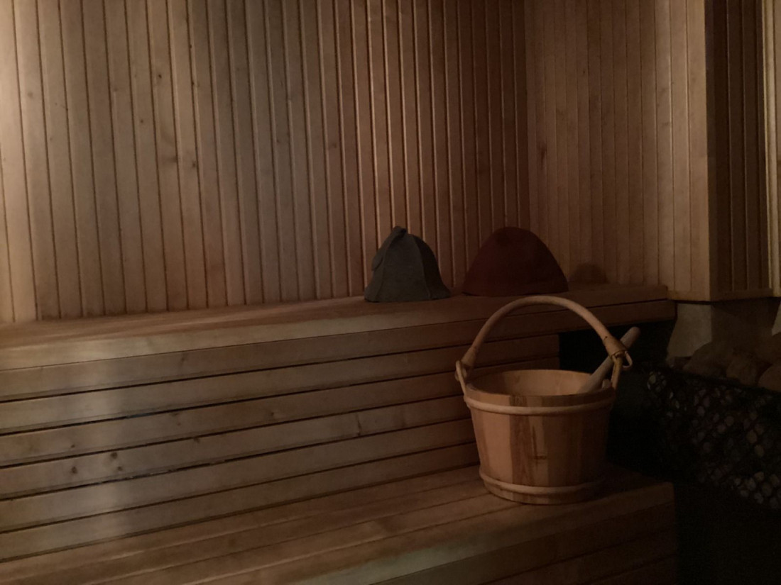 Traditional sauna with wooden interior.