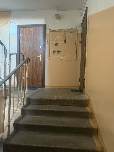 Worn staircase with metal door.