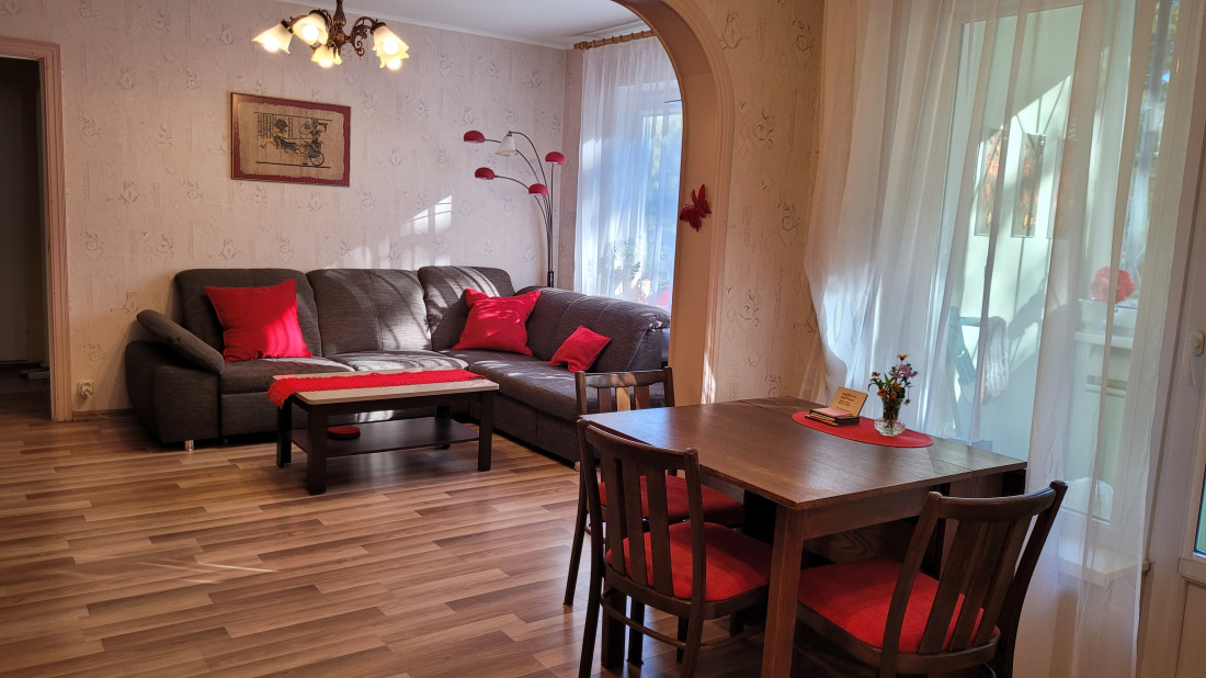 Living room with sofa and table.
