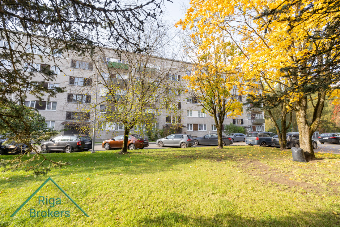 Daudzdzīvokļu māja ar rudenīgiem kokiem.
