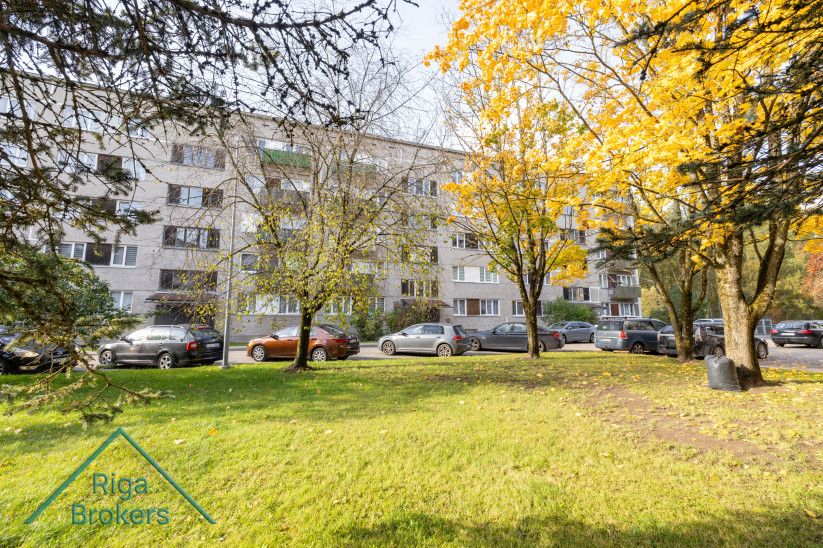 Daudzdzīvokļu māja ar rudenīgiem kokiem.