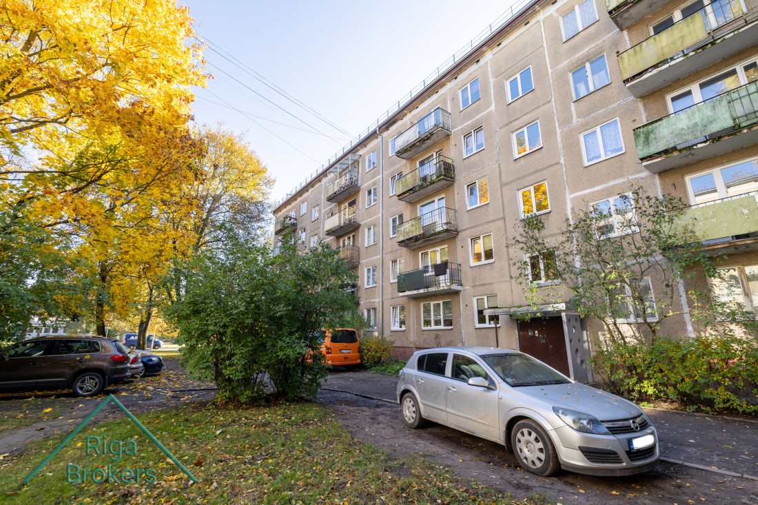 Building with cars and autumn trees.