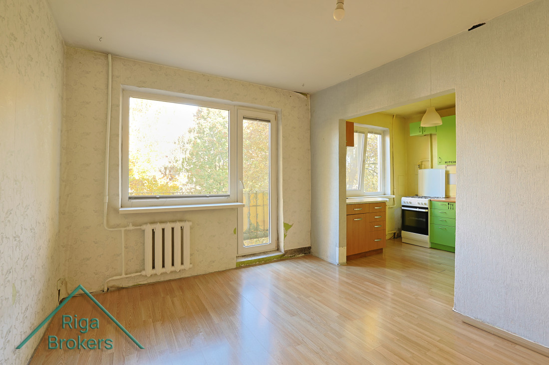 Living room with balcony doors and radiator.