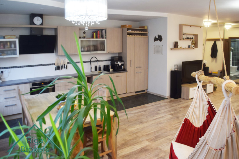 Kitchen area with plants and dining table.