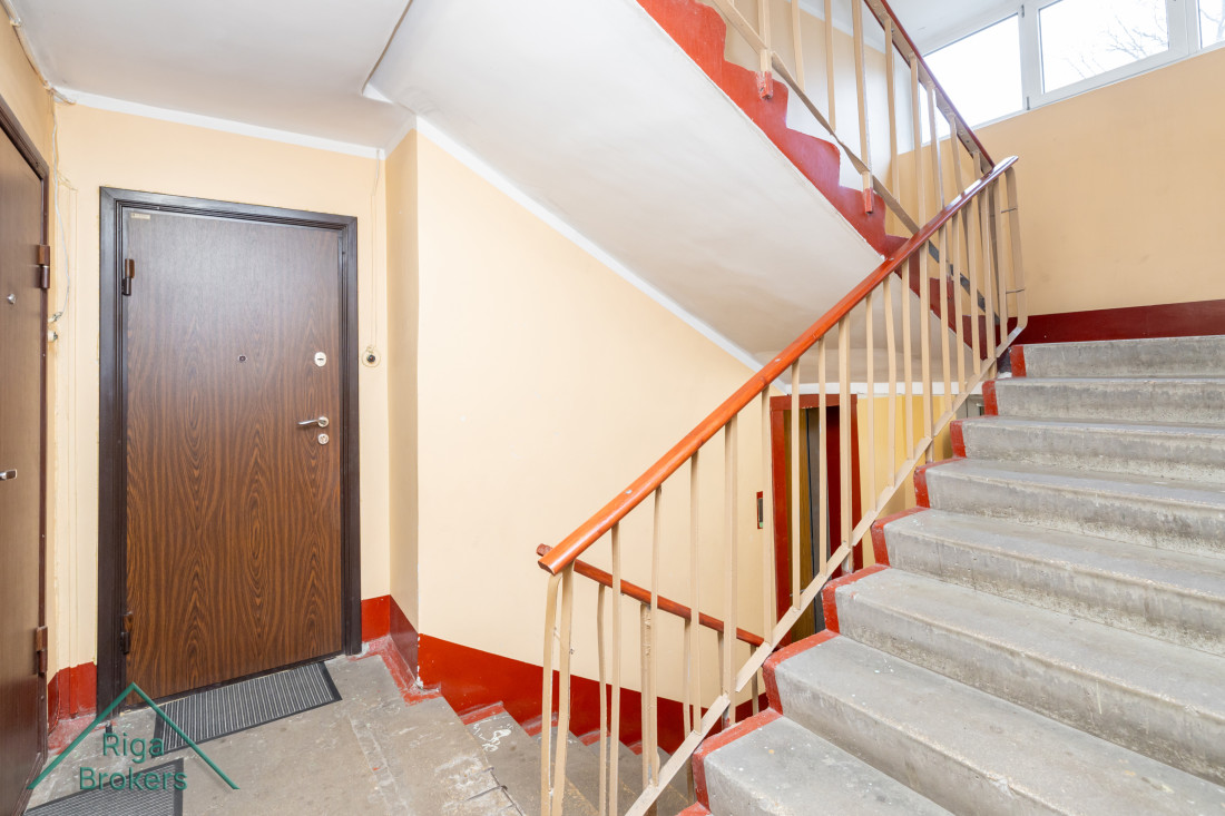 Stairwell of apartment building with doors.