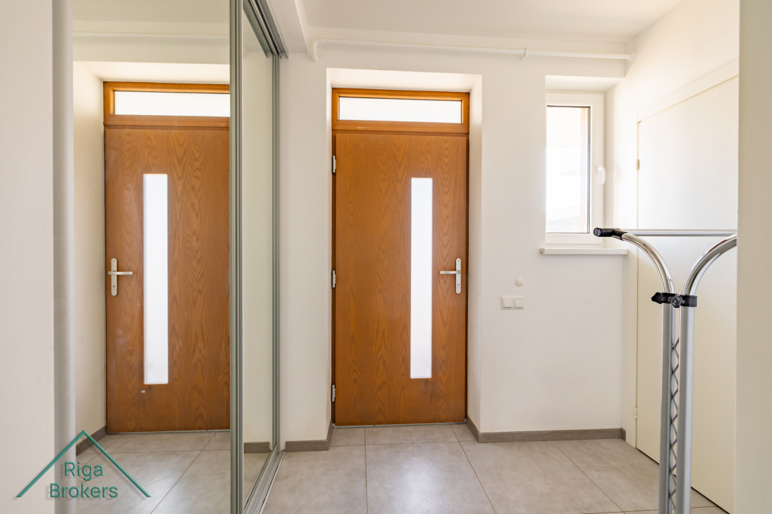 Bright entrance with wooden door and mirror