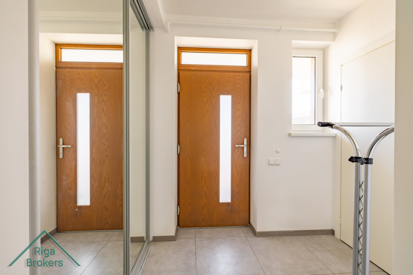 Bright entrance with wooden door and mirror