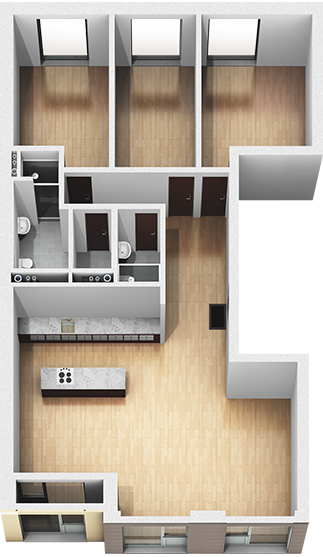 Rendered apartment layout with rooms.