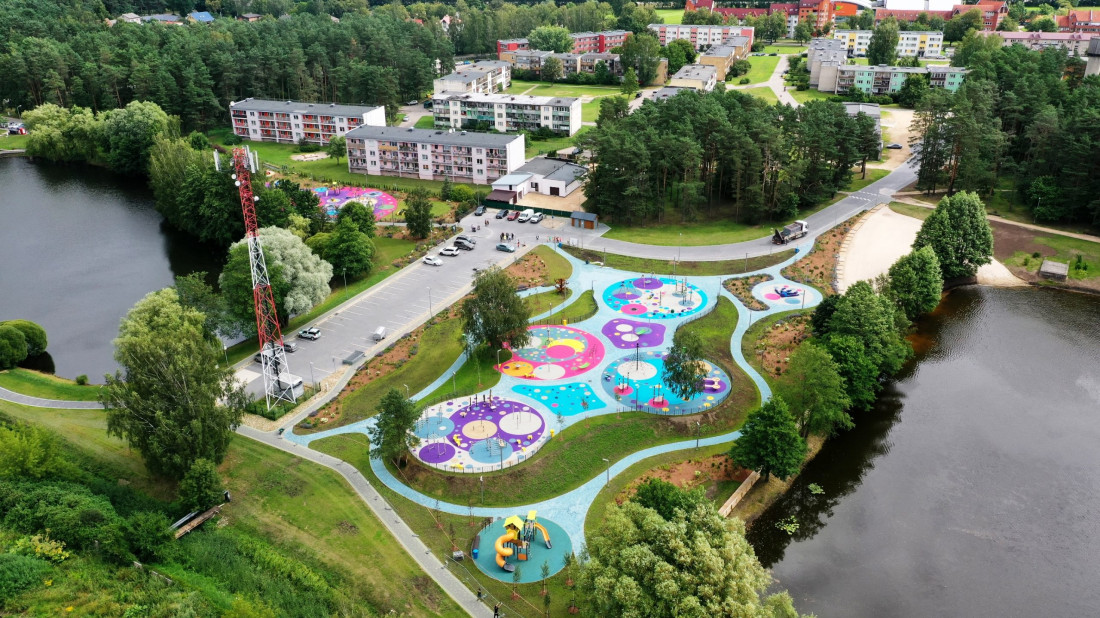 Aerial view of playground and houses.