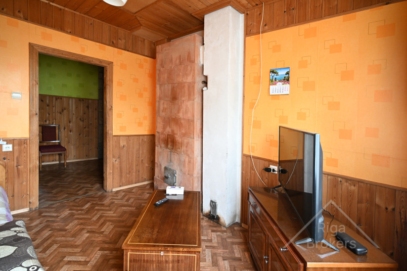 Istaba ar kamīnu un televizoru.