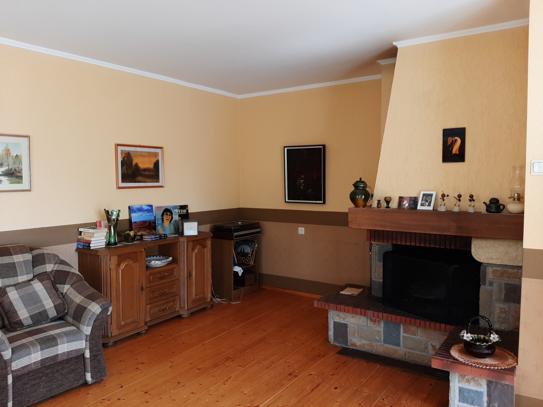 Living room interior with a fireplace.