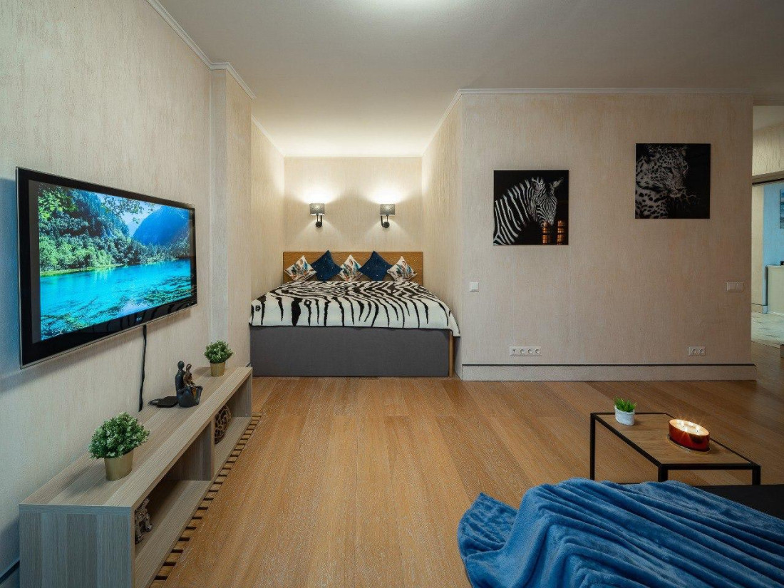 Spacious bedroom with large bed and TV