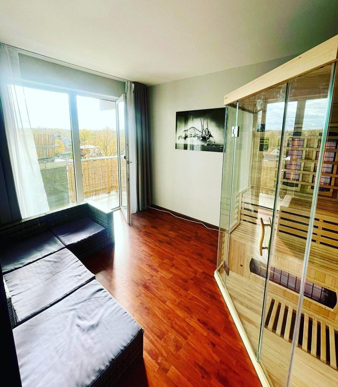 Room with glass sauna and balcony.
