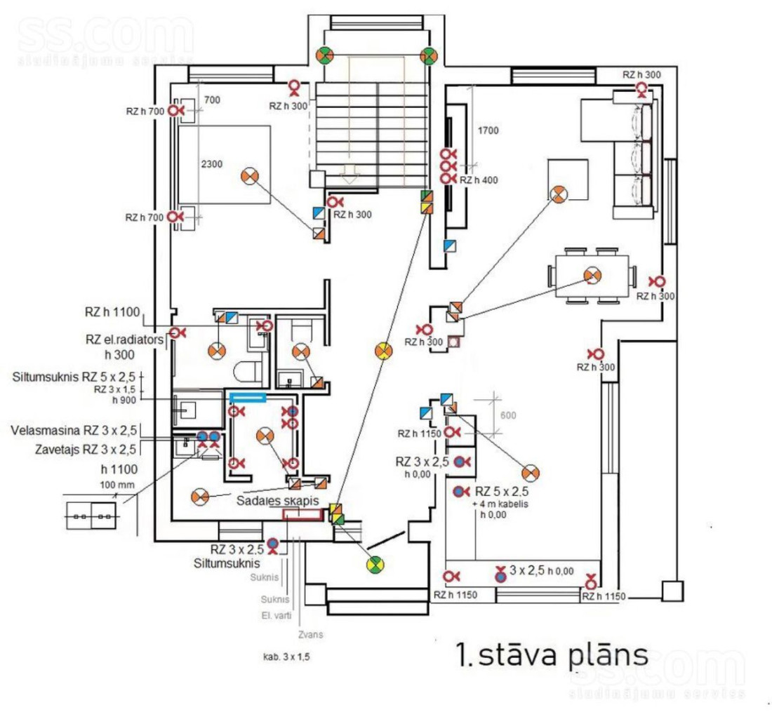 Pirmā stāva telpu plānojums ar marķējumiem.
