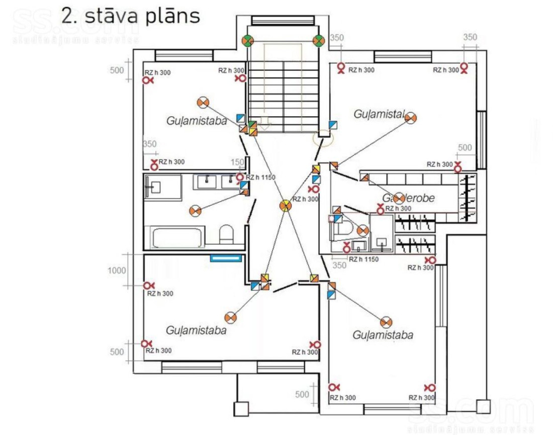 Otrā stāva telpu plānojums ar apzīmējumiem.