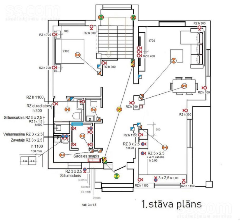 Pirmā stāva telpu plānojums ar marķējumiem.