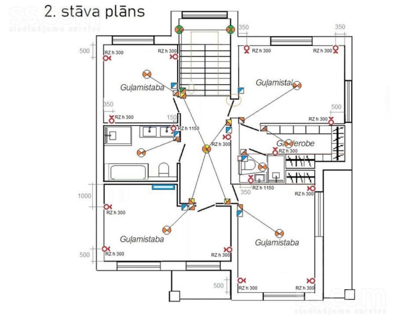 Otrā stāva telpu plānojums ar apzīmējumiem.